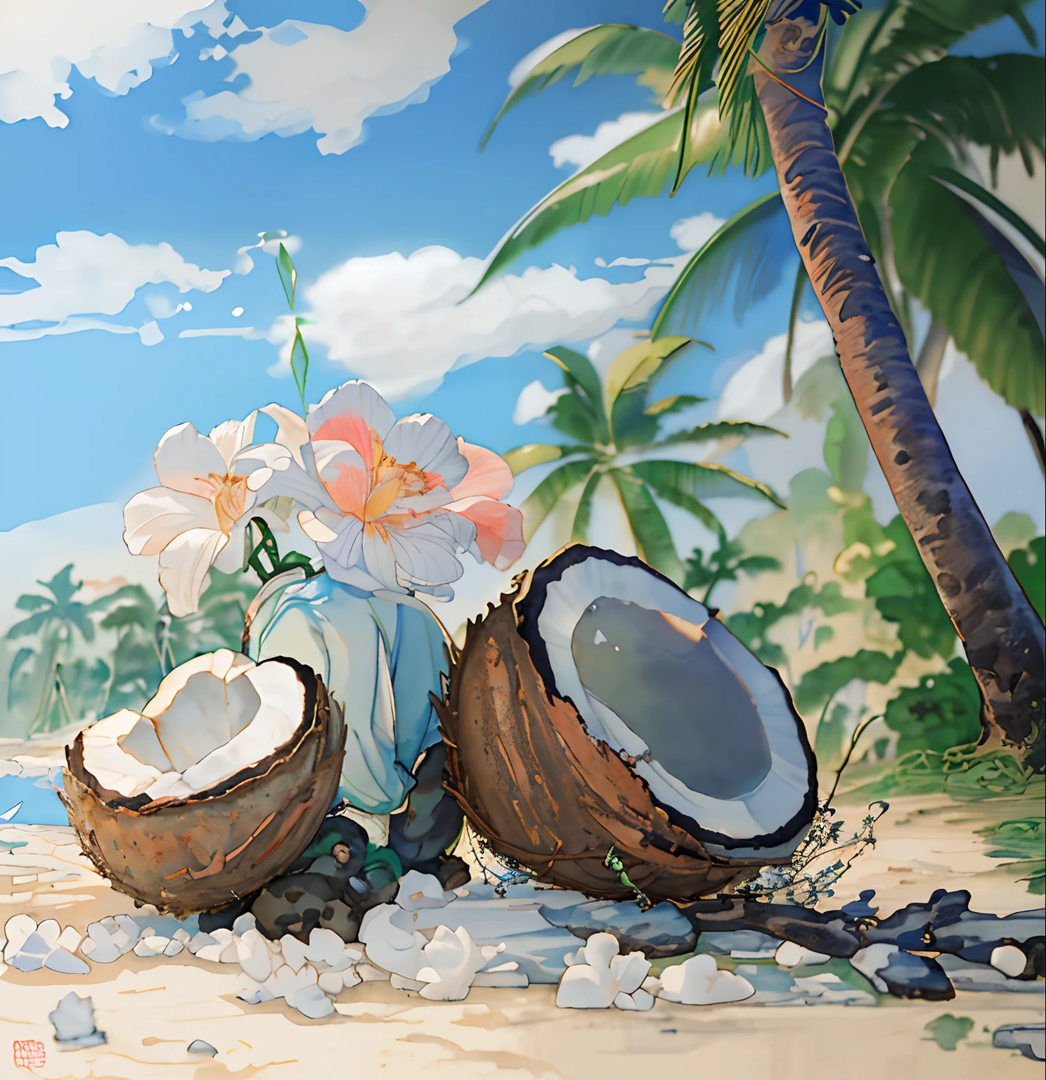 Coconut Tree，Between the two coconuts you open is a glass of coconut water，watercolour painting style，clean color，the watercolor style，Smudge，Decisive cut，Leave white space，impressionistic，tmasterpiece，ultra-detailliert，Epic composition, high qulity, HighestQuali