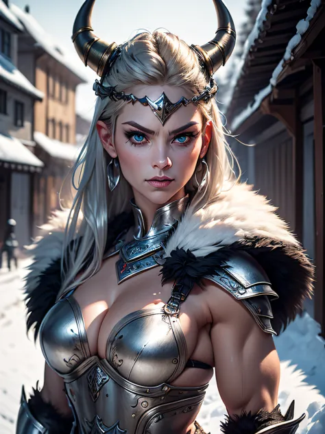 （top-quality、high detailing）、4/5 shots、Portrait of a 40-year-old adult female Viking、Human Woman、Strong physique、the perfect body、(((Silver warrior armor with fur collar)))、Silver horned helm、(((Large Silver Horn Headgear)))、Combat stance、Focus on the face...