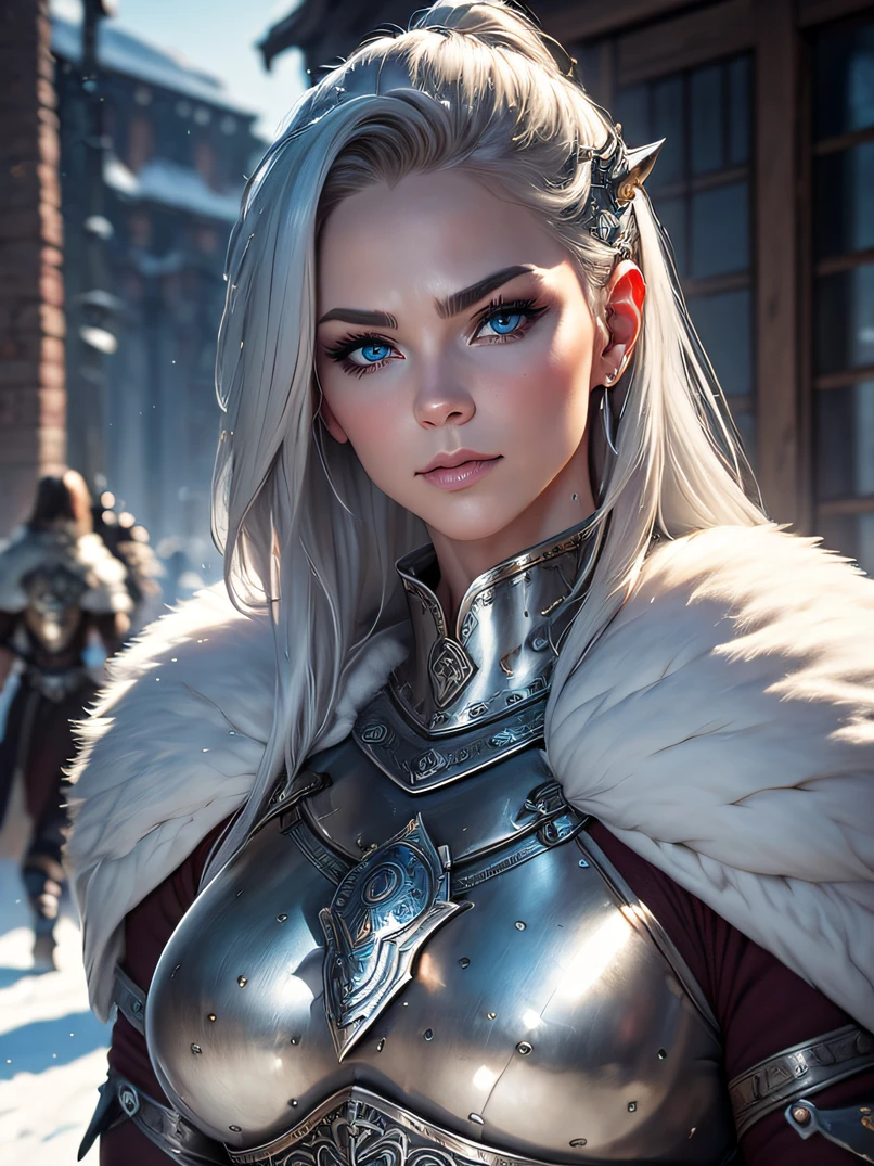 （top-quality、high detailing）、4/5 shots、Portrait of a 40-year-old adult female Viking、Human Woman、Strong physique、the perfect body、(((Silver warrior armor with fur collar)))、Silver horned helm、Large Silver Horn Headgear、Combat stance、Focus on the face、Calm look、Big blue eyes、Detailed face and eyes、Sharp eyes、Silver Shorthair、Walking slowly towards us、Detailed hand depiction、Winter morning、Oyuki、Snow-covered roadedieval city gate and cityscape in the background、Fantasyart、dark fantasy vibe、Dynamic action