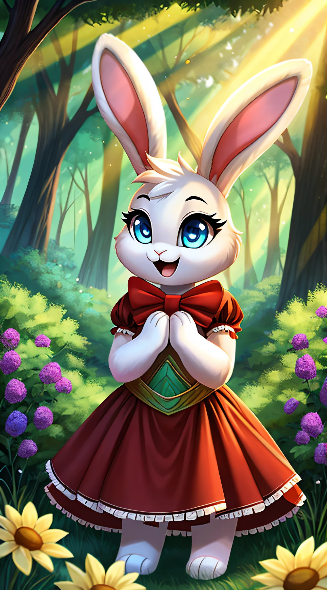 zoomed out image, fantasy style art, cute, beautiful, shapely, attractive fluffy mother white bunny with blue eyes, 4 ears, 2 extra ears, big floppy ears, long ears, ears perked up, raised ears, long eyelashes, poofy rabbit tail, wearing a long red frilly ribbon dress, smiling, standing in a forest, big expressive smile, open mouth, wide eyes, excited eyes, excited face, stunning visuals, sunlight coming through the trees, flowers scattered in the bushes, digital illustration