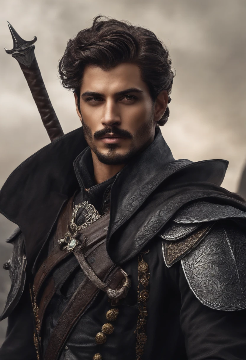 make an RPG drawing of a dark male Paladin in his twenties 1,90m tall, slightly long black hair, shallow beard and mustache and scarlet eyes.