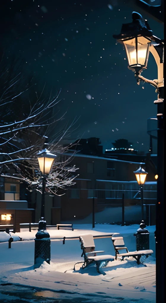 There is a snowy night view with benches and street lamps in the middle of the park, snowfall at night, moonlight snowing, snowy night, Light snowfall, Winter nights, snowy winter christmas night, nevando, Moonlight snow, perfect lighting in a snow storm, Winter snow, Snowy winter, snowfall, cold snowy, glowing snow, snowing outside, snowfall