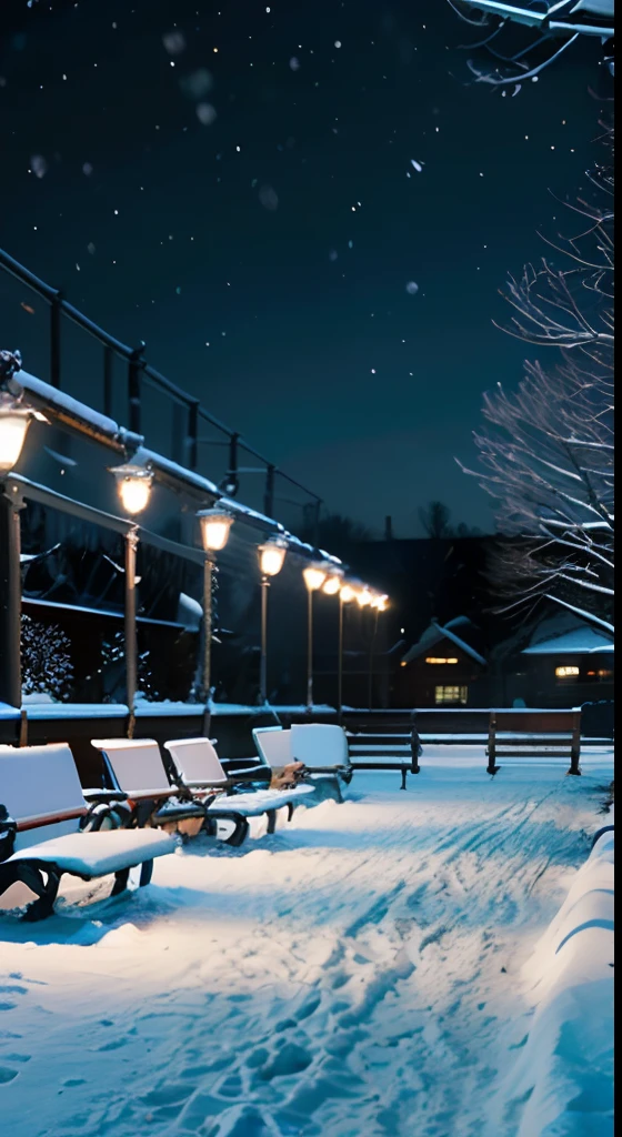 There is a snowy night view with benches and street lamps in the middle of the park, snowfall at night, moonlight snowing, snowy night, Light snowfall, Winter nights, snowy winter christmas night, nevando, Moonlight snow, perfect lighting in a snow storm, Winter snow, Snowy winter, snowfall, cold snowy, glowing snow, snowing outside, snowfall