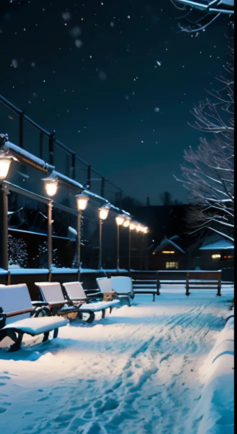 There is a snowy night view with benches and street lamps in the middle of the park, snowfall at night, moonlight snowing, snowy night, Light snowfall, Winter nights, snowy winter christmas night, nevando, Moonlight snow, perfect lighting in a snow storm, ...