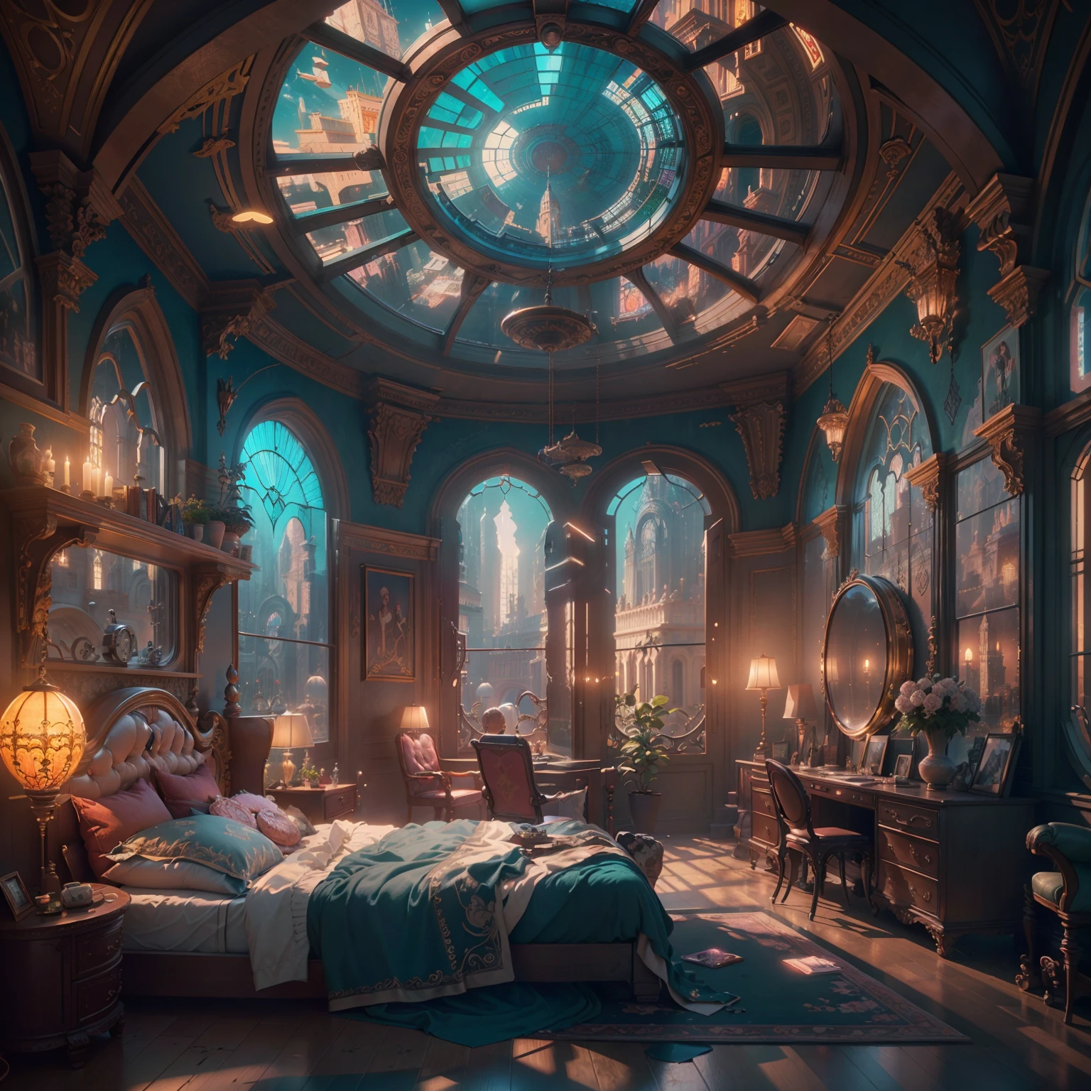 (((Generate an ornate bedroom in the style of Versailles with a big historical window.))) A hyperrealistic cyberpunk dreamscape cityscape is in the window. The cityscape is extremely detailed with many lights and LED neon colors and buildings of many different sizes. The cityscape has all colors of the rainbow and has hires interesting flying steampunk dirigibles. A giant steampunk standalone clock is seen ((through the window)). It is peaceful in the bedroom. The entire artwork is very realistic with many small details and enhancements. 3D render beeple, artstation and beeple highly, in fantasy sci-fi city, inspired by beeple, 8k, unreal engine unity CGI. Masterpiece and popular. Add many fantastical and beautiful details and nuances. (stained glass)