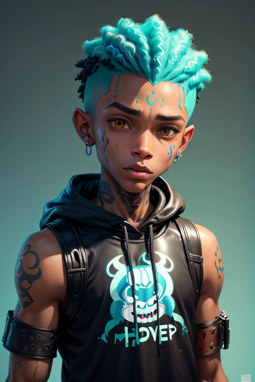 pixarstyle Monster Boy, Caramel Brown skin Black boy moor, Bald Hairstyle, Streetwear, Full Slime Body, colors neon, risa loca, malvada