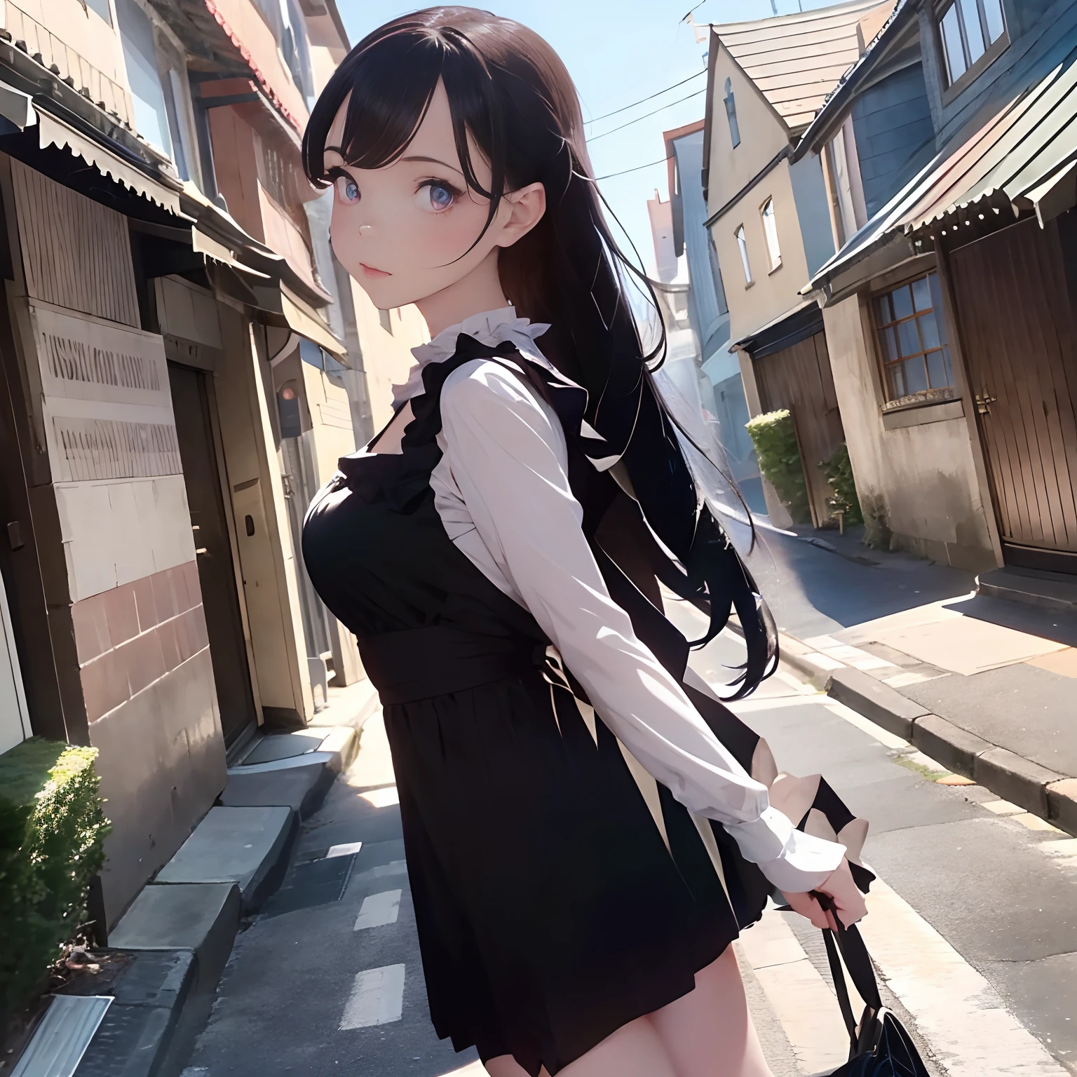 Anime girl in a black dress walking down a street with a handbag - SeaArt AI