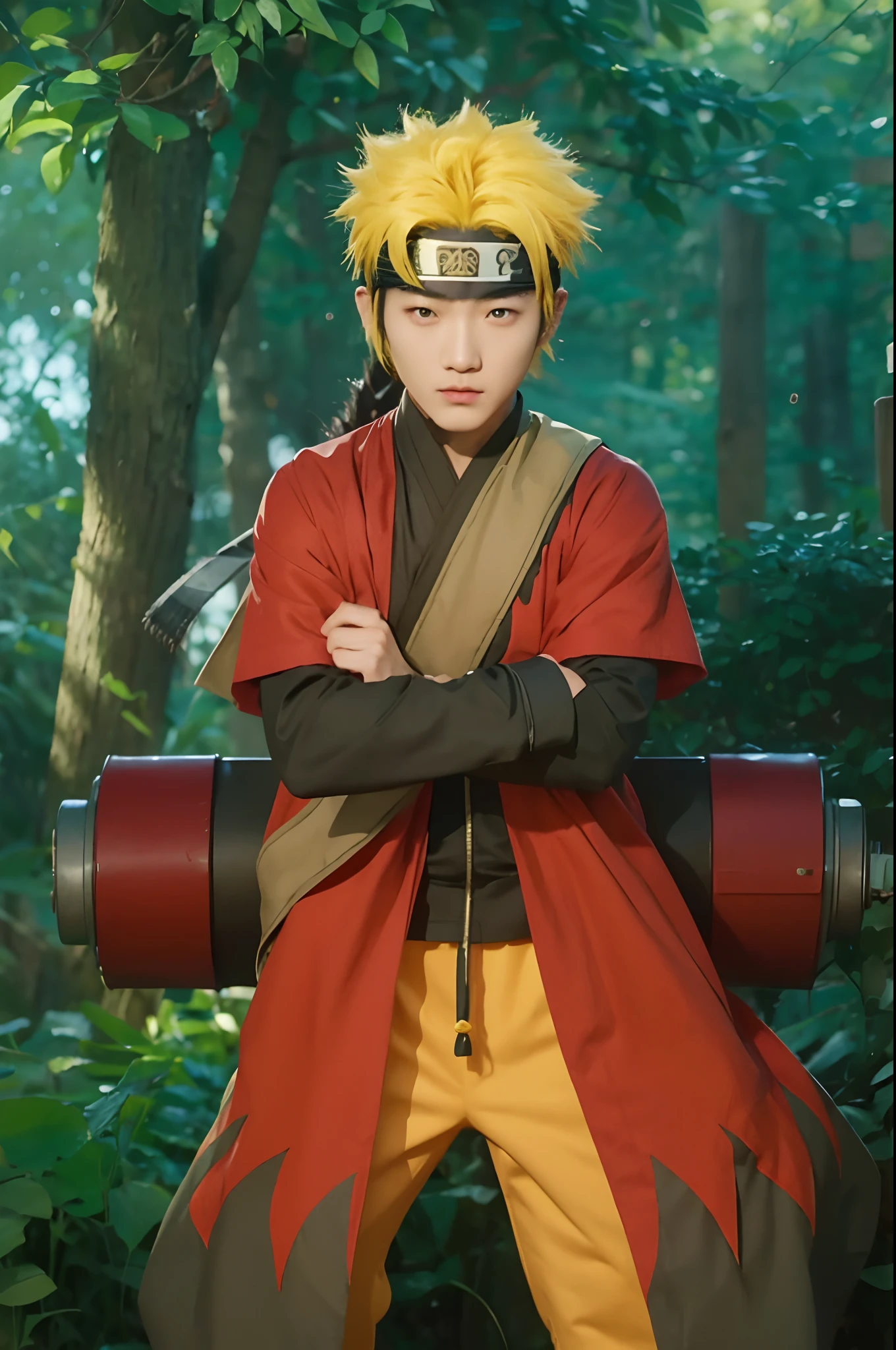 Real life adaption of this character, korean teen handsome face,realistic outfit ,detailed eyes,realistic yellow spiky hair,wear ninja headband and the iron plate on the middle headband,realistic background,hyper realistic,realism,realistic light, realistic shadow,(photorealistic:1.2), looking to viewer,muscular body,there is a big scroll ninja behind him