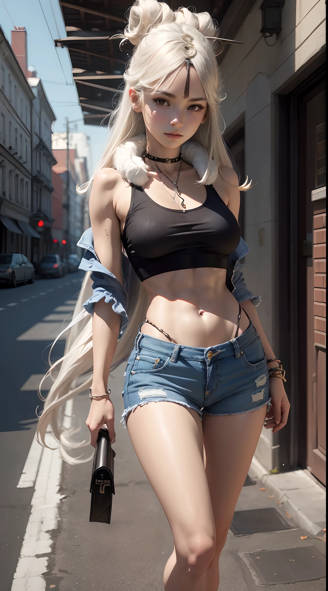 ((medium breast, tomboy girls, small head)), daylight, sunlight, (chiseled abs : 1.1), (perfect body : 1.1), (long straight hair : 1.2) , silver hair, collar, chain, full body shot, crowded street, wearing black tanktop, jeans jacket, ((shorts)), (extremely detailed CG 8k wallpaper), (an extremely delicate and beautiful), (masterpiece), (best quality:1.0), (ultra highres:1.0),  beautiful lighting ,perfect lightning, realistic shadows, [high res], detailed skin, ultra-detailed