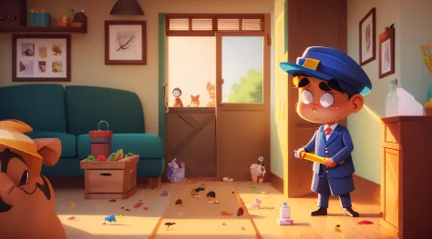 Cartoon-style image, Tommy, a 4-year-old with his detective hat and his plastic magnifying glass, continued his investigation, talking to everyone in the village. He found that other animals were also facing the same problem. Food disappeared from homes an...