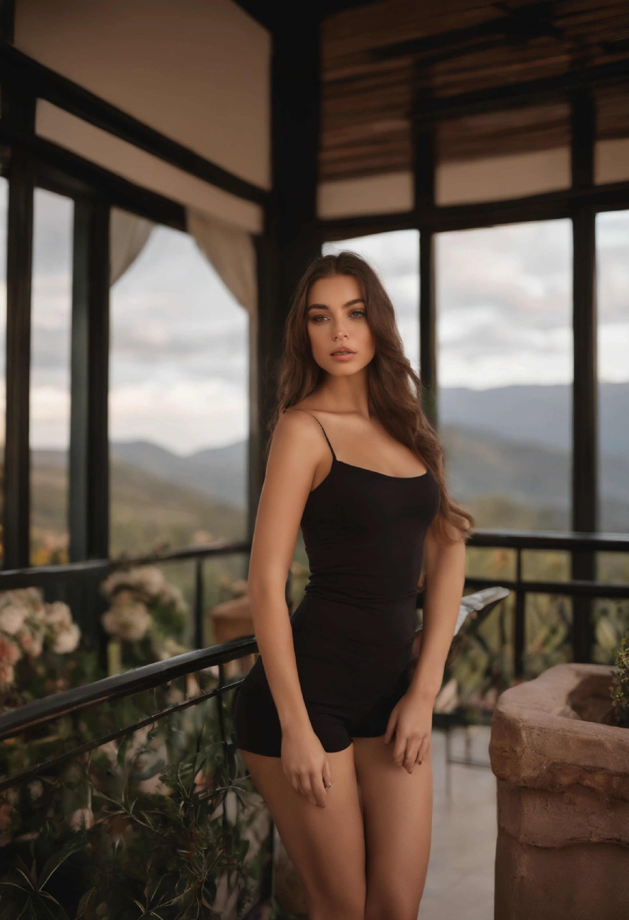 A woman in a black swimsuit standing on a balcony - SeaArt AI