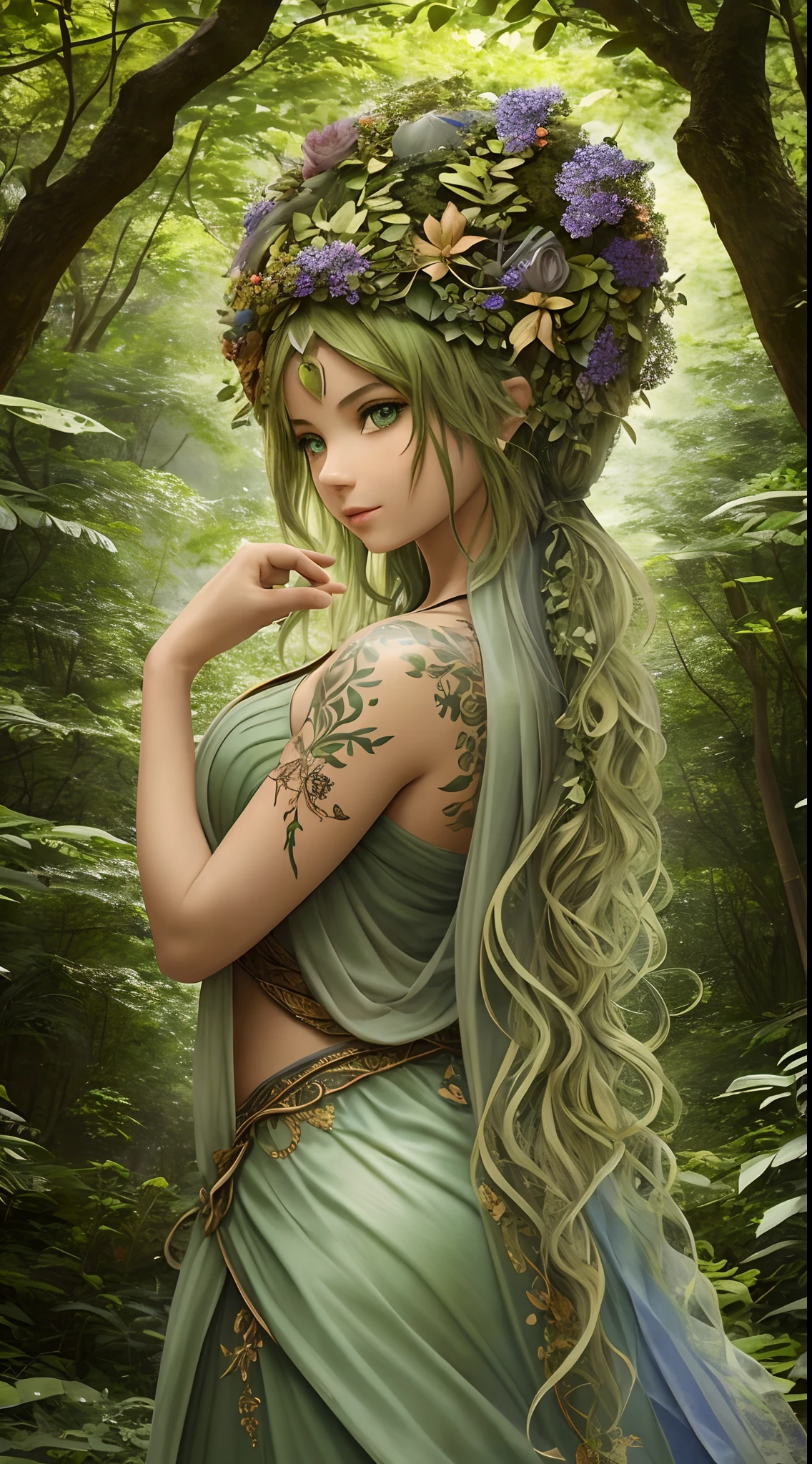 unreal engine:1.4,UHD,The best quality:1.4, photorealistic:1.4, skin texture:1.4, Masterpiece:1.8,Graphic image of a beautiful dryad girl, Flowers are woven into beautiful hair, expressive eyes, Poison ivy leaf tattoos on his face, Drawings of poison ivy leaves and flowers all over the body., a full body figure, Light green skin in a girl, Model pose, Dense forest thicket in the background, High detail, hyperrealism, high quality, clear focus, SLR camera, .cgi.