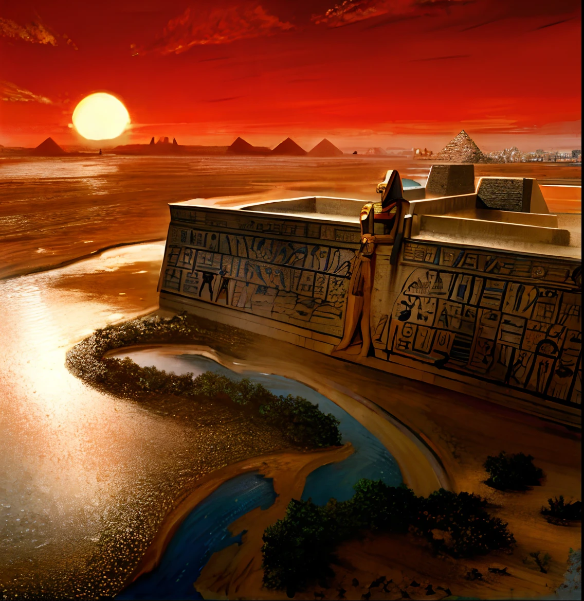 古代エジプト文明，ワイドワイドショット，ナイル川，ピラミッド，夕日，川は地平線まで続く，壮大な感覚，壮大感