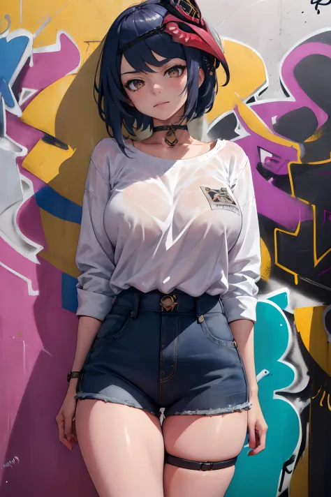 Kujou Sara Genshin Effect, masterpiece, bestquality, 1girls, oversized breasts, bara, dress shirt, Long Jeans, choker, (Graffiti:1.5), Splash with purple lightning pattern., arm behind back, against wall, View viewers from the front., Thigh strap, Head til...