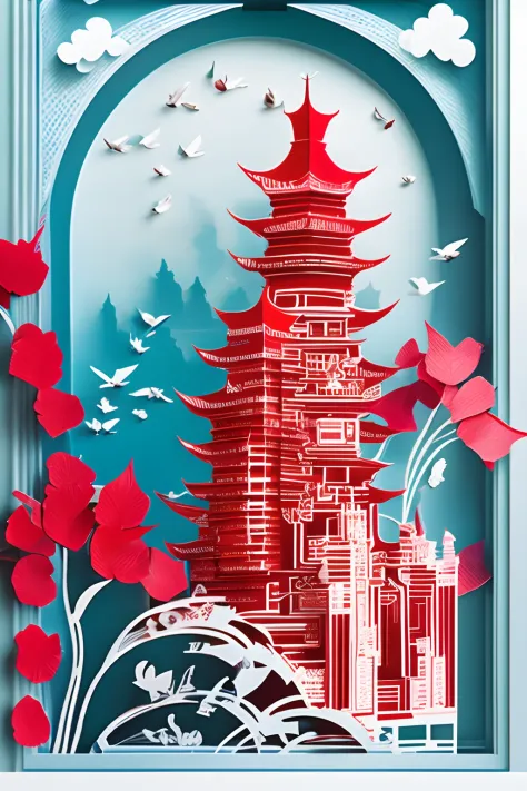 tmasterpiece，best qualityer，Chinese architecture,sky-high tower，Paper Cuttings style，Red paper cutout