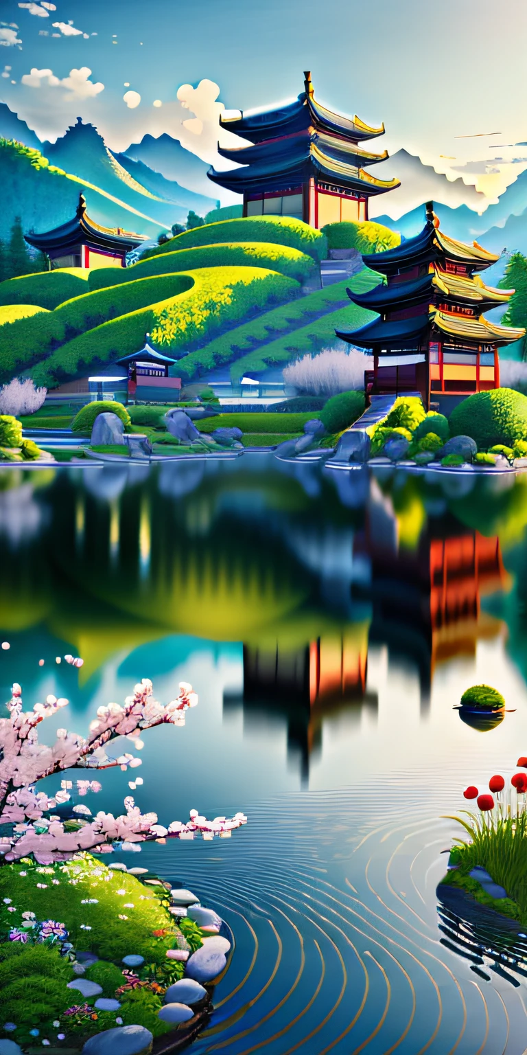 Chinese architecture,gardens,mountain water,Sea of Clouds  (Masterpiece, Best quality, High quality, A high resolution, Ultra-detailed),