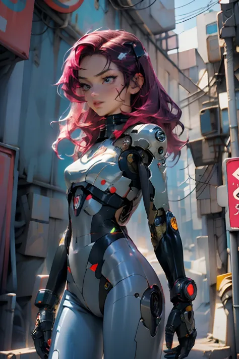 ray tracing, masterpiece, best quality, 1girl, beautiful girl, cyborg arms, cyberpunk, synthwave color, skin-tight bodysuit, fit...