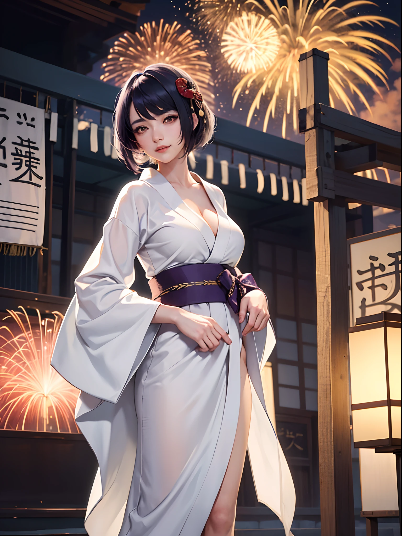 Kujou sara,(((white yukata))), extremely detailed,(( thong))),grinning, realistic anime, summer festival,stalls, fireworks, cleavage, wide hips, 20 year old woman,((( Standing))), purple hairs