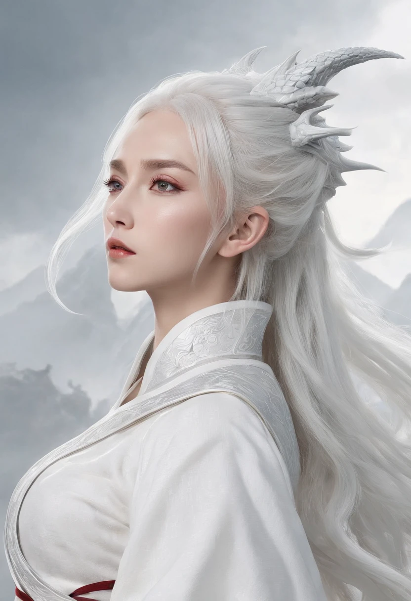 Cirilla Fiona Elen Riannon，动态照明，art  stations，poster for，Volumetriclighting，Very detailed faces，4k wallpapers，Award-Awarded，1 girl with white hair，He has a delicate and beautiful face，long hair flowing，horse tailed，Fringed Hair Ornament，Dynamic perspective，White Hanfu，White gauze flying，red waistband，Sexy，Tradition Chinese Ink Painting，Surrounded by clouds，fog atmosphere，Ride a white dragon，Stroke the faucet，White dragon horn，dynamic viewing angle，电影灯光，