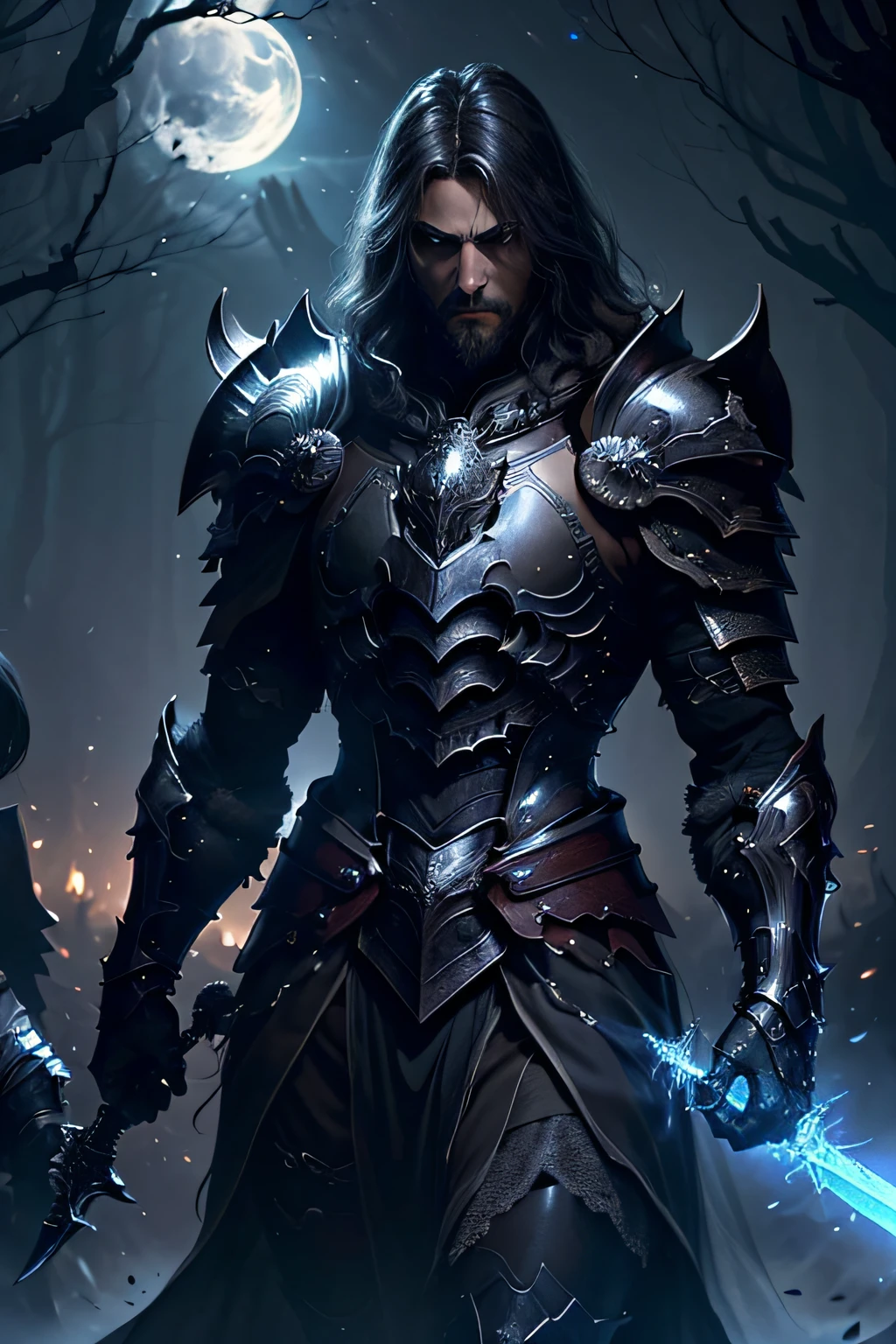 Very detailed CG unified 8k wallpaper, very precise detailed, very fine 8KCG wallpapers,delicate glow, realistic, Stereoscopic feeling,Authentic and detailed face,beautiful detailed Glass hair, whole body, front view, guy,man,male,Dullahan the Faceless Knight rides on a black horse、cloaks、 the woods、foggy、Headless Knight、Starry night sky, Intense moonlight, Luminous Magic Sword, Powerful armor, epic fights,