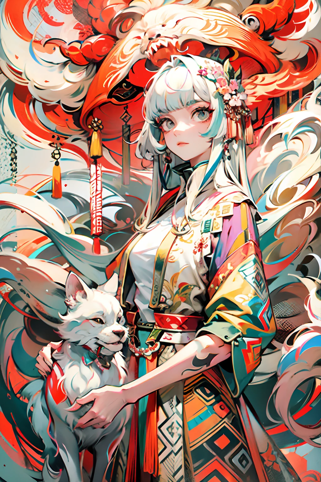 image d&#39;un renard à neuf queues et d&#39;une femme classique chinoise, très détaillé, reflets transparent couleurs irisées, longs cheveux RVB irisés transparents, artpar Serafleur de artstation, Acrylique épais，réalisé par jcv jquery, dans un style de rendu surréaliste, glamour futuriste, photographie animalière, beige clair et rouge, sculpteur minimaliste, Mashup d’images de célébrités, scène bien éclairée lh --niji 5 --ar 3:4