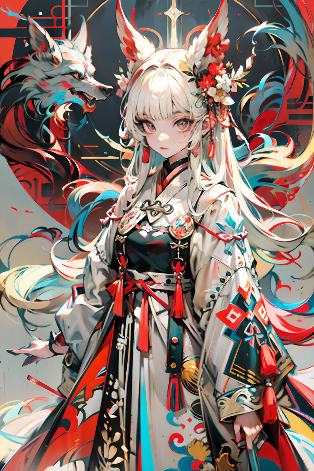 imagem de uma raposa de nove caudas e uma mulher clássica chinesa, altamente detalhado, reflexos transparentes cores iridescentes, cabelo RGB iridescente longo e transparente, artby Serafleur da artstation, acrílico grosso，Feito por JCV jQuery, em estilo de renderização surreal, futuristic glamour, fotografia da vida selvagem, bege claro e vermelho, escultor minimalista, mashup de imagens de celebridades, cena bem iluminada lh --niji 5 --ar 3:4