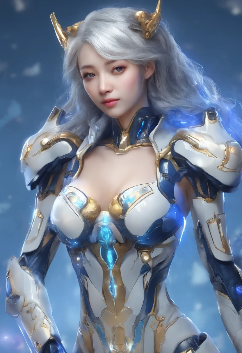 Elania Haywind，Highest image quality，Outstanding details，Ultra-high resolution，（Fidelity：1.4）, Favor the details，closeup cleavage，The background is a scene of a cosmic celestial body，High-tech dragon knight mech，He has a delicate and beautiful face，（（Blue-white flying semi-mechanical fuselage：1.8）），high-tech weapon，Raised sexy，frontage，cyber punk perssonage，futuristic，mechanically aesthetic，Virtual Engine 5，Perfect detail rendering，rendering by octane，hyper HD