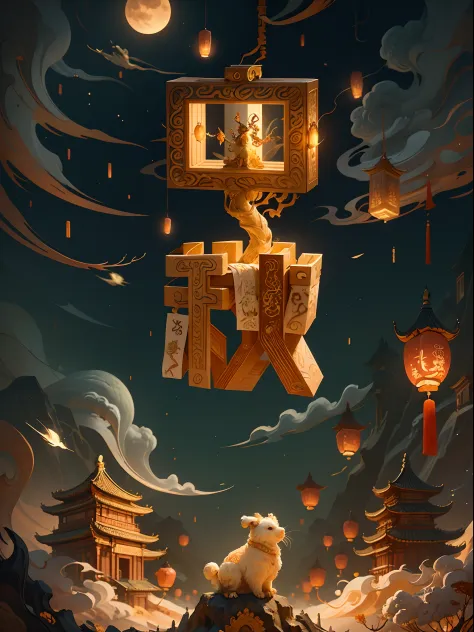 no human, (big moon)，an osmanthus tree，Chang'e，Jade Rabbit，lanterns，palaces，Cloud, Chinese style,IvoryGoldAI, masterpiece,ultra exquisite,stereoscopic,super rich,ultra detailed,32k