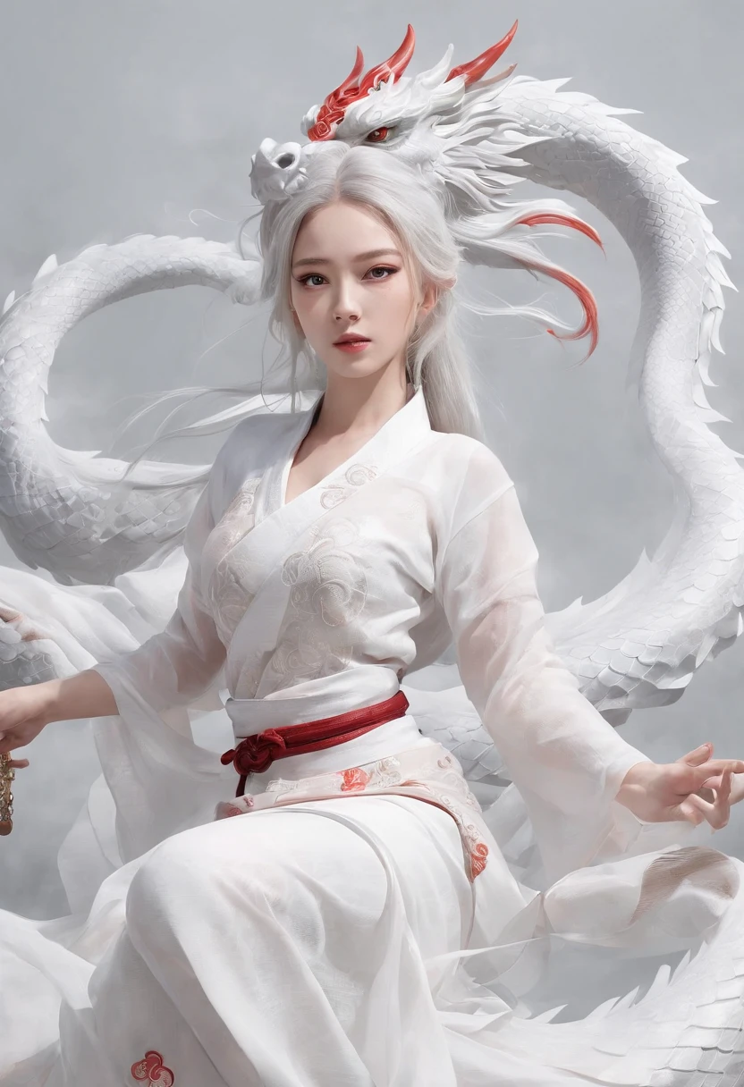 Elania Haywind，动态照明，art  stations，poster for，Volumetriclighting，Very detailed faces，4k wallpapers，Award-Awarded，1 girl with white hair，He has a delicate and beautiful face，long hair flowing，horse tailed，Fringed Hair Ornament，Dynamic perspective，White Hanfu，White gauze flying，red waistband，Sexy，Tradition Chinese Ink Painting，Surrounded by clouds，fog atmosphere，Ride a white dragon，Stroke the faucet，White dragon horn，dynamic viewing angle，电影灯光，