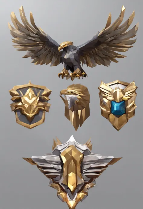 Game medallion with metal eagle head close-up with crown，Close-up of the eagle's head，hearthstone art style, Hearthstone style art, hearthstone concept art, Riot game concept art, style of league of legends, iconic character splash art, League of Legends c...