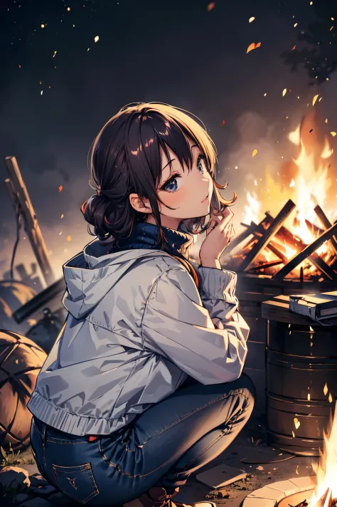 cute anime girl (sitting in front of a bonfire), cozy wallpaper, anime moe artstyle, kantai collection style, 4 k manga wallpape...