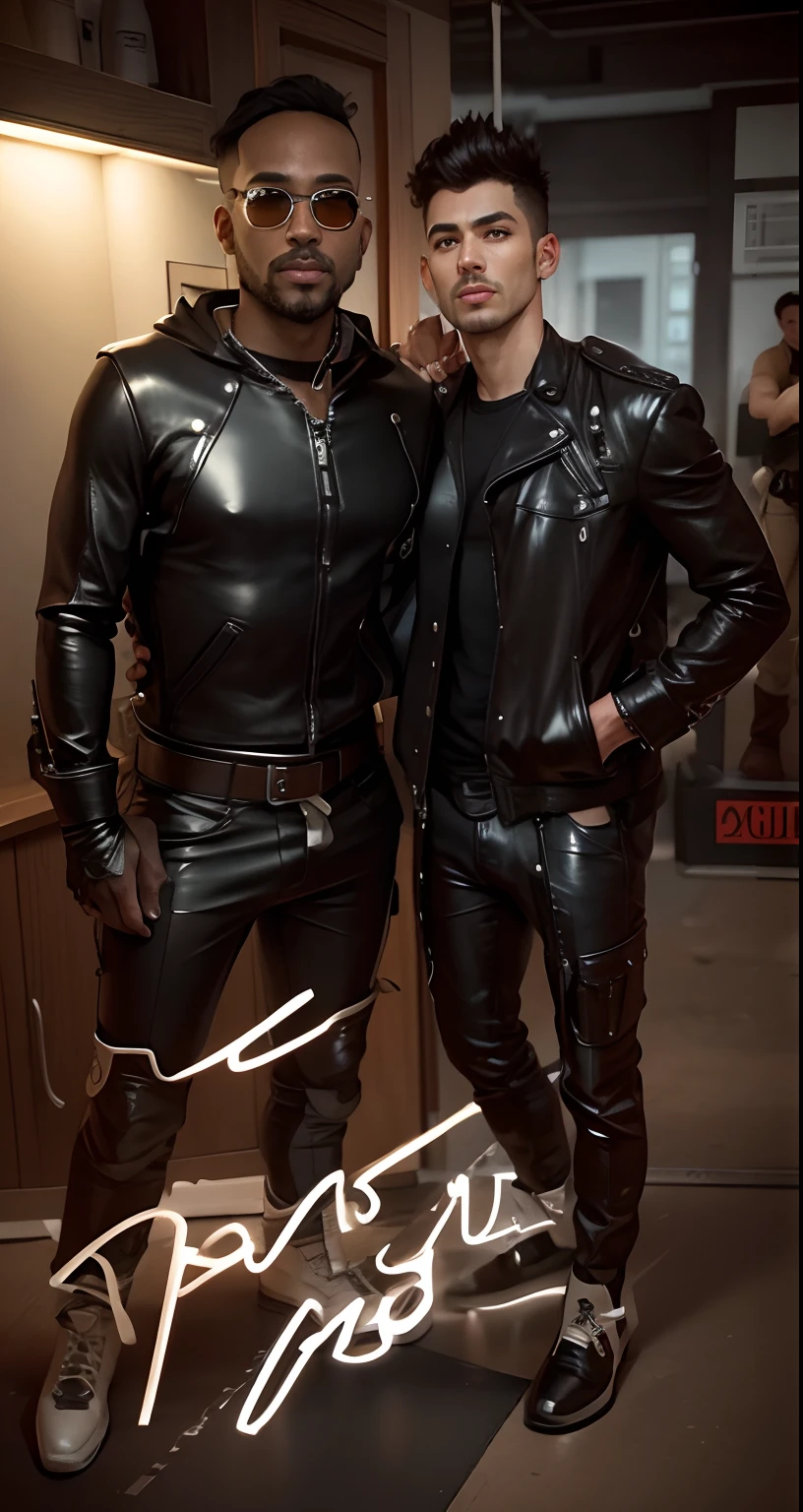 Two men in leather jackets posing for a picture in a kitchen - SeaArt AI