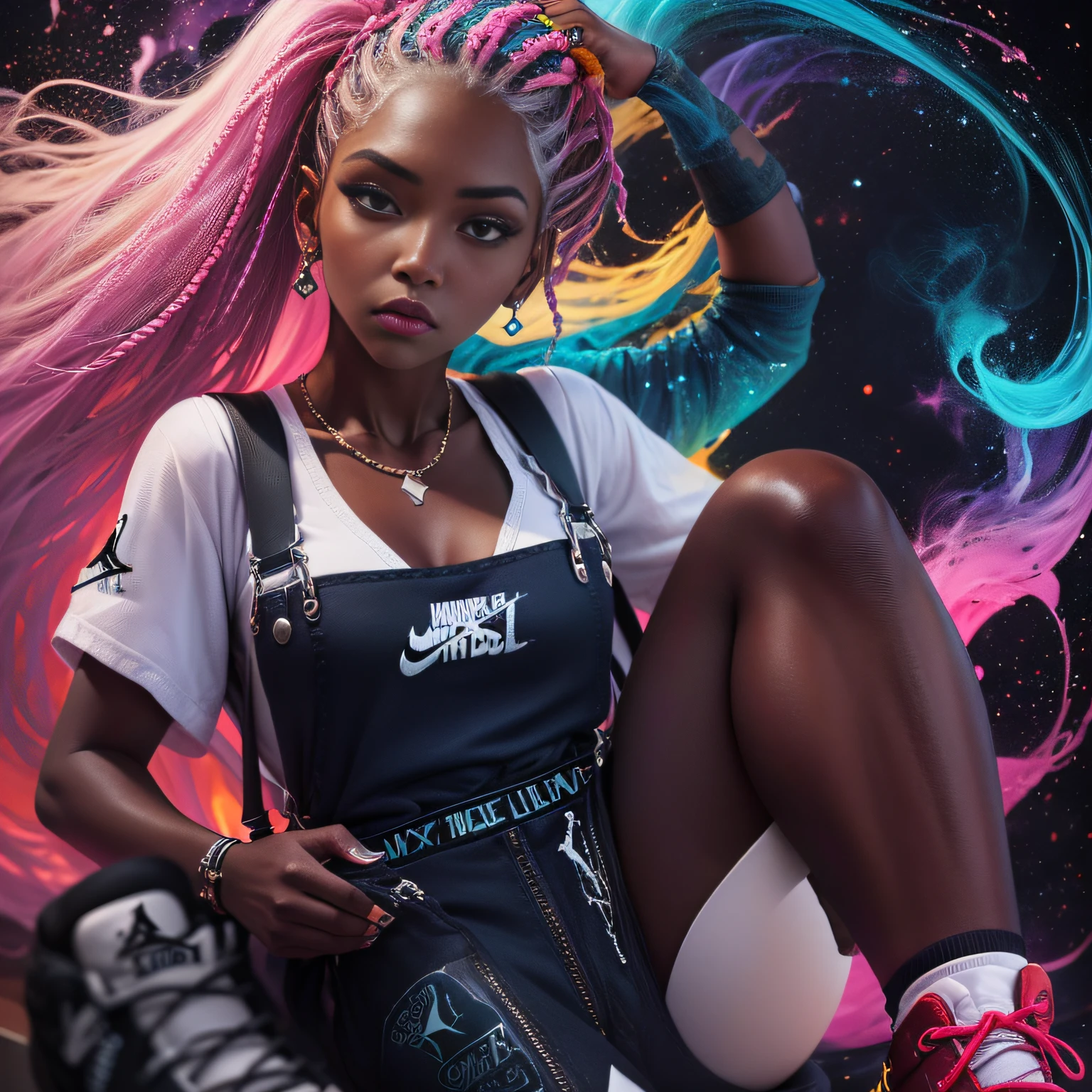 18 year old female with dark skin, Braided 3 different colors neon Pink and Neon Green, contrasting color hair, white overalls, (overall suspenders:1.5), (Retro Air Jordan 11 Taxi sneakers:1.5), seductive look, Bioluminescent, City Girls, looking at camera, chubby, 1girl:1.2, body covered in Diamonds and Jewelry A Centerfold named Shauntice, Mixed Race instagram Biracial Ethnic Caremel skin-Mode:1.2, Streetwear Hypebeast supreme:1.3 \(brand\), words on body:1.1, Instagram Braid Artist instagram Hair stylist (1girl), 2 colored hair, (Nebula smoke behind head and eyes Ethereal:1.2, , Alberto Seveso, fantasy art:1.1, ((Fantasy background)) , long smoke hair:1.2, outdoors, aestheticism), (goosebumps:0.5), subsurface scattering, (masterpiece, top quality, best quality, official art, beautiful and aesthetic:1.2), extreme detailed, colorful, highest detailed