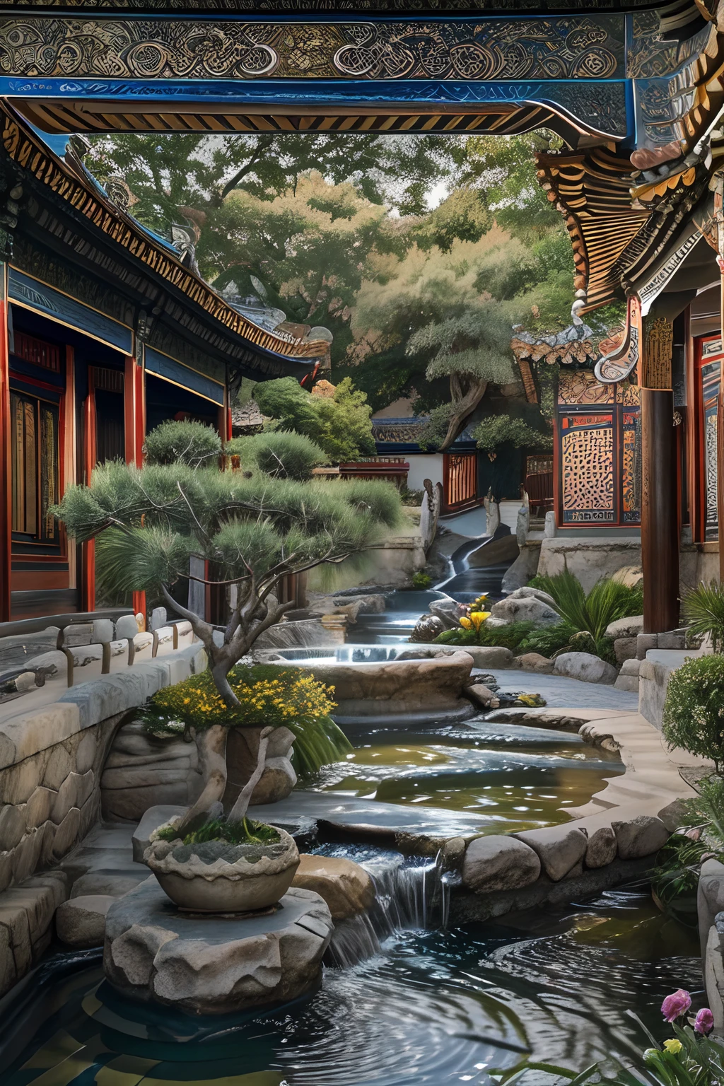 레이크사이드, ((폭포수)), 차이니즈 맨션 (Chinese Mansion), 작은 강, 서양식 정원, 꽃으로 장식,디테일이 풍부한, 클래식과 모던의 융합, 소노코, 전통적인 요소, 현대적인 디자인, 해안가, 명품, 아주 멋진, 파빌리온, 안마당, 중국 전통 지붕, 현대적인 인테리어 장식, 정원 풍경, 원본 사진, 와이드 렌즈 샷, 높은 해상도, HDR, 절묘한, k hd, 8K, 걸작s, 예술적 기교, 웅장한, 세심한 장인정신, 현대적인 시설, 원활한 통합, 조화로운 분위기, 영구,그림 같은, (8K, RAW 사진, 최고의 품질, 걸작 :1.2), (현실적인, 현실적인 사진 :1.3)