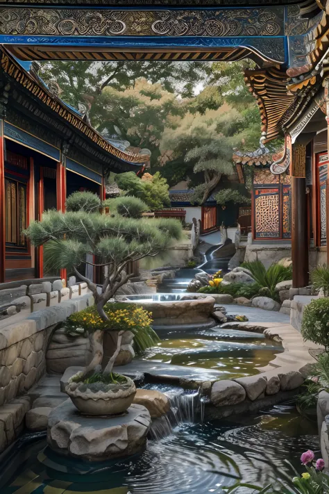 lakeside, ((waterfallr)), chinese mansion, Small rivers, Western-style garden, Decorated with flowers,detail-rich, A fusion of c...