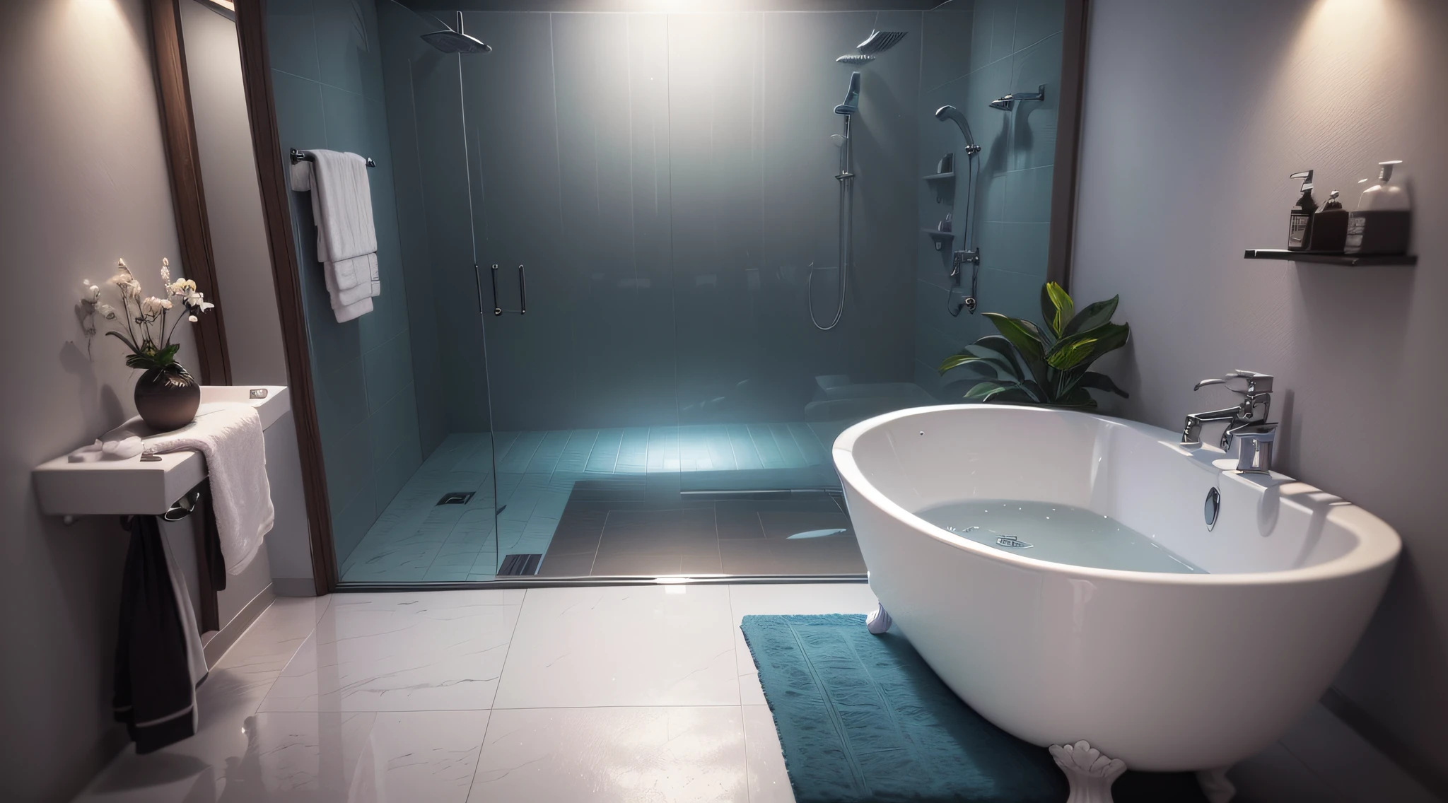 (bathroom) (dark cloud) (raining) (water accumulation) (moisture) (wet