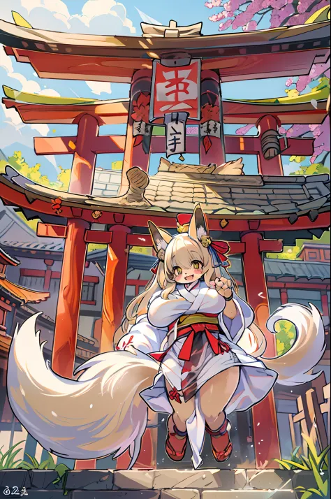 Fox Woman、body covered with fur、huge-breasted、kawaii、shrine maiden、Japan white clothes,Red Hakama、torii gate,summer day、From bel...