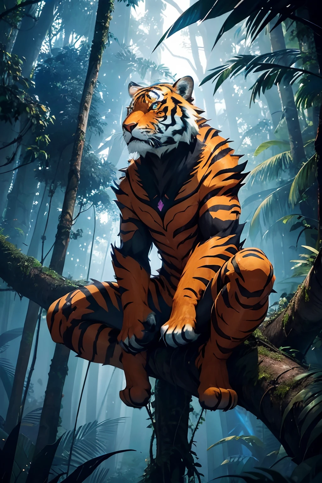 фотография механического тигра в полный рост с медными и голубыми светящимися глазами., сидел на дереве в джунглях ночью, искусство Ридли Скотта, ультра очень подробный, кинематографический, 32К, запутанный, высокое качество,  Сложные узоры, ржавчина,
