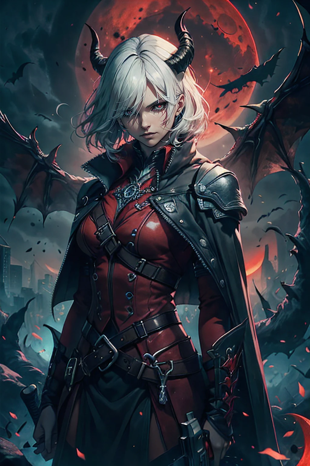 devil may cry (Series), Long black cloak, ((A red moon floats in pitch darkness)),(Flying in the air),white  hair、Longsword in right hand、gun on waist、(red pupils)、well-muscled、1 bat、Medium Hair、extremely detailed CG unified 8k wallpaper, very precise details, very fine 8KCG wallpaper,delicate glow, Realistic, Three-dimensional feeling,Authentic and detailed face,beautiful detailed Glass hair,