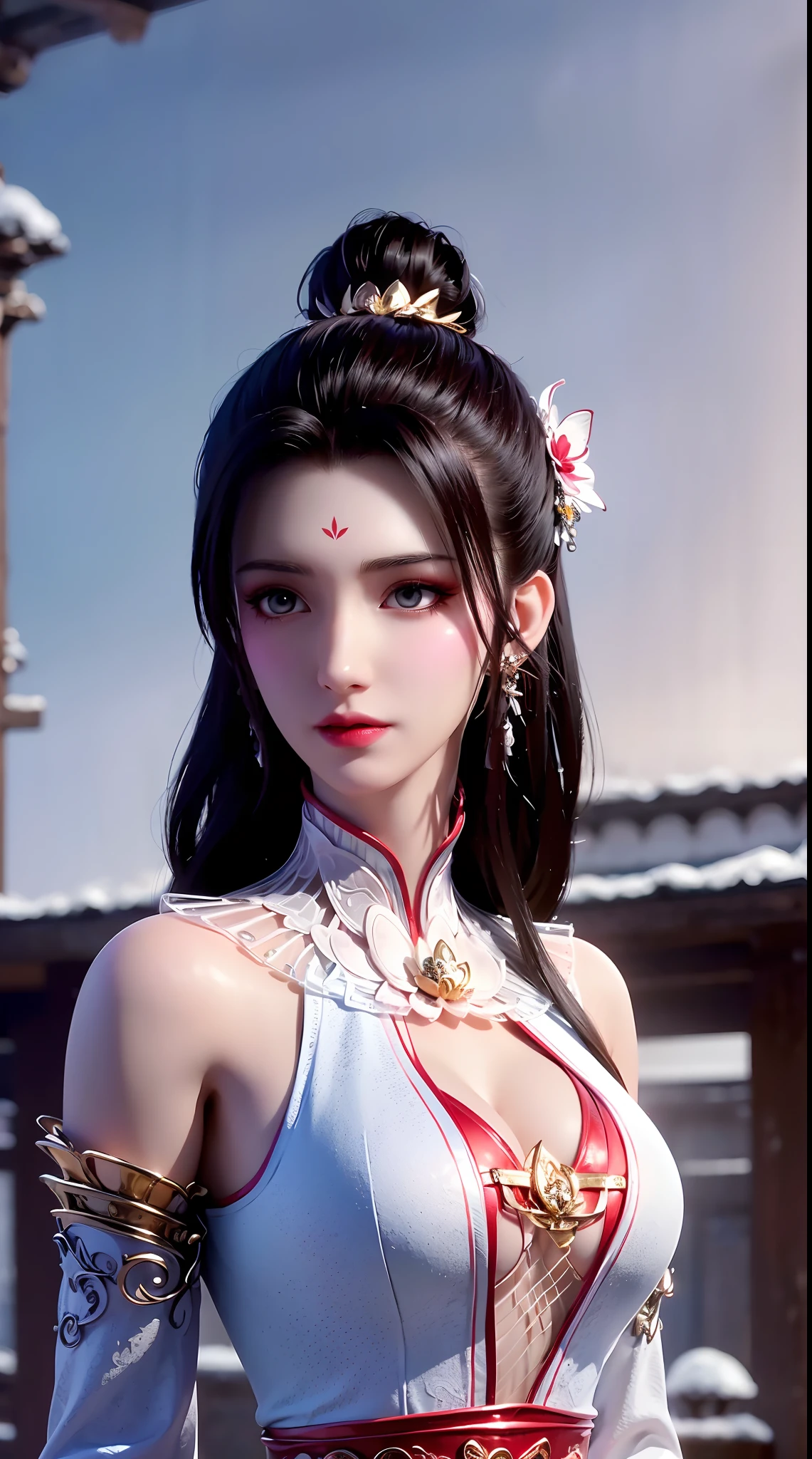 "1 beautiful girl wearing traditional costume, long thin red and white silk dress meticulously sewn, low-cut shirt, low slit, long black hair and bangs, most detailed and beautiful hair jewelry, mold most beautiful and flawless face, ((black eye pupils:0.8)), very beautiful eyes, big round eyes, ((brown eyes:1.1)), beautiful and detailed makeup eyelashes, nose tall, earrings, small red lips, rosy face, clean face, flawless beautiful face, smooth white skin, ((large breasts: 0.9)), Blums breasts, ((chest big and super round: 0.9)), ((super tight breasts: 1.2)), ((breast augmentation: 0.8)), beautiful breasts, slim and  body, ((thin waist: 0, 9)), upper body of a beautiful girl, sexy girl, fishnet stockings color coordinated according to outfit, 8k photo, super high quality, surreal, 10x super pixels, realistic photo, dark studio, background bright, two-tone light, (high detail skin: 1.2), 8k uhd, soft light, high quality, volumetric light, realistic, High resolution photo, light, best photo, quality 4k, 8k, smooth and sharp, increased pixels by 10 times, super graphics, most realistic graphics, (((Snowfall background: 1.6))), 1 girl, alone, solo, ((portrait direct:1.2)), Extremely sharp, super realistic images."