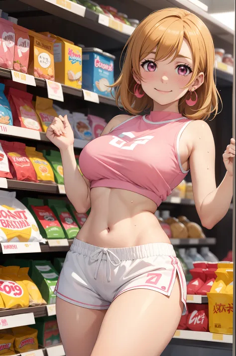 koizumi_hanayo,pink Crop top, white tight shorts,sweaty,red face,blunt hair,curvy body, standing in supermarket , exposed armpits, smile, exposed side breasts, earrings
