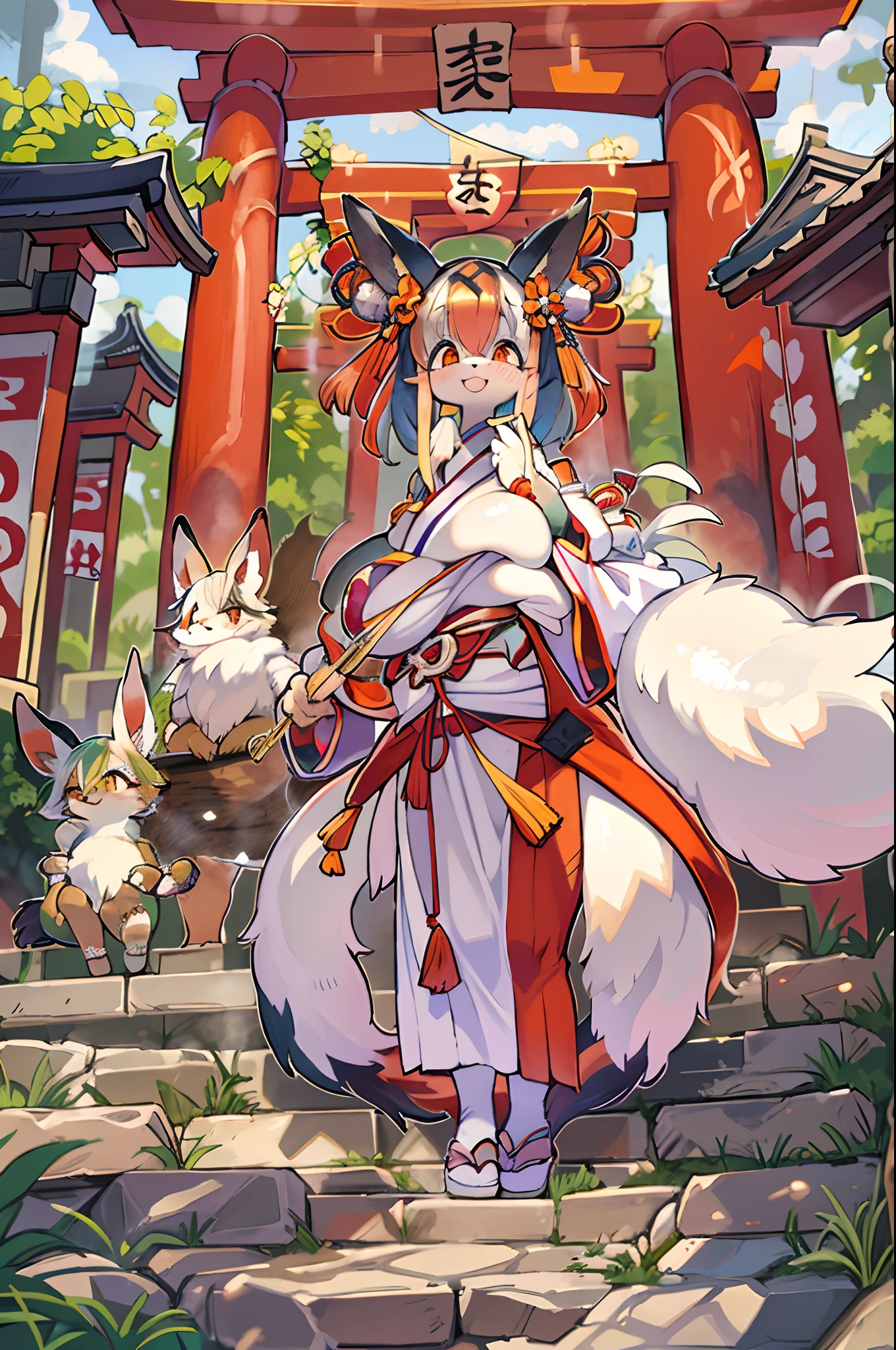 Femme Renard、corps recouvert de fourrure、aux seins énormes、kawaii、jeune fille du sanctuaire、Vêtements blancs au Japon,rouge aussi、portes tori,Jour d&#39;été、par le bas、plan large、Un grand sourire、Grosse、cuisse épaisse、gros culs、Ultramammie,chibi,Nanachi