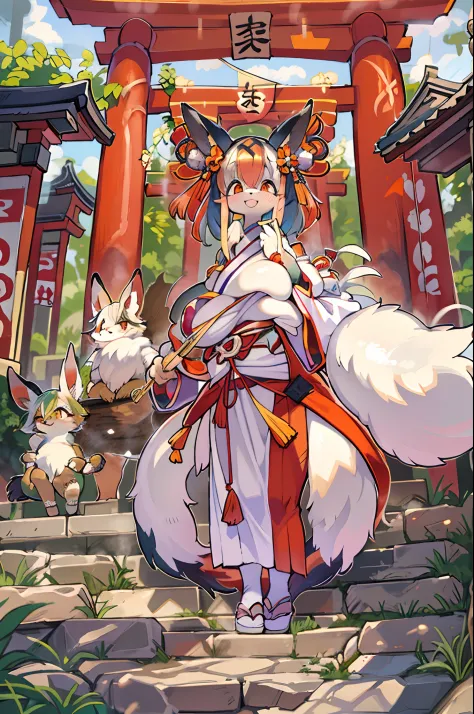 Fox Woman、body covered with fur、huge-breasted、kawaii、shrine maiden、Japan white clothes,Red Hakama、torii gate,summer day、From bel...