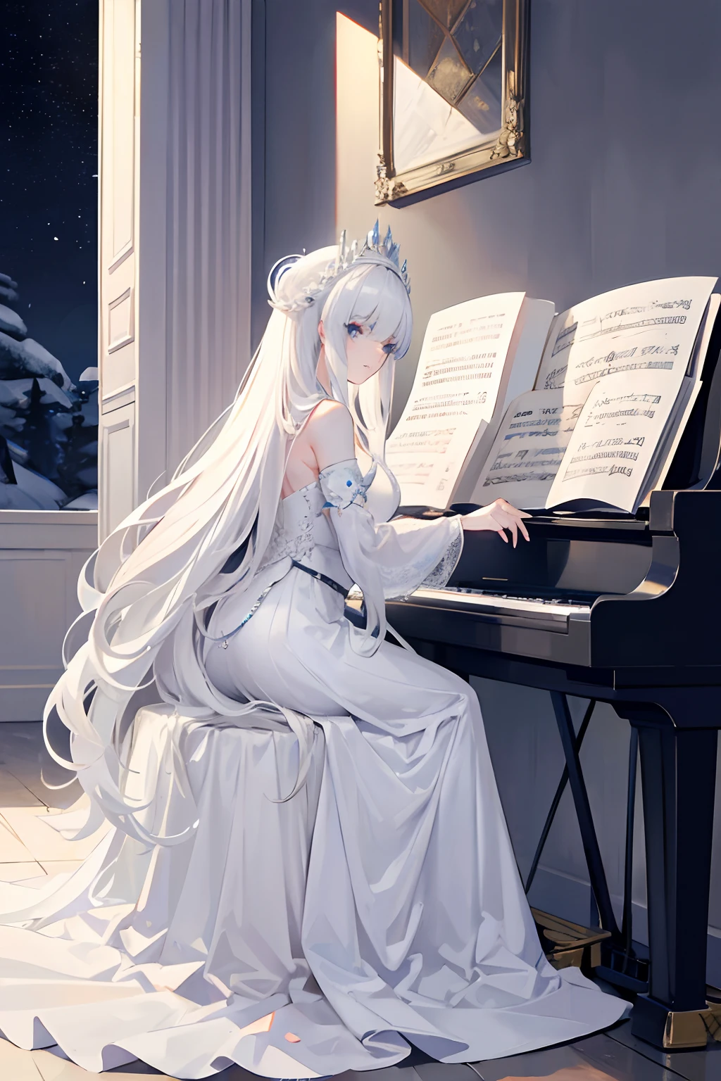 Anime girl in white dress sitting at piano with sheet music - SeaArt AI