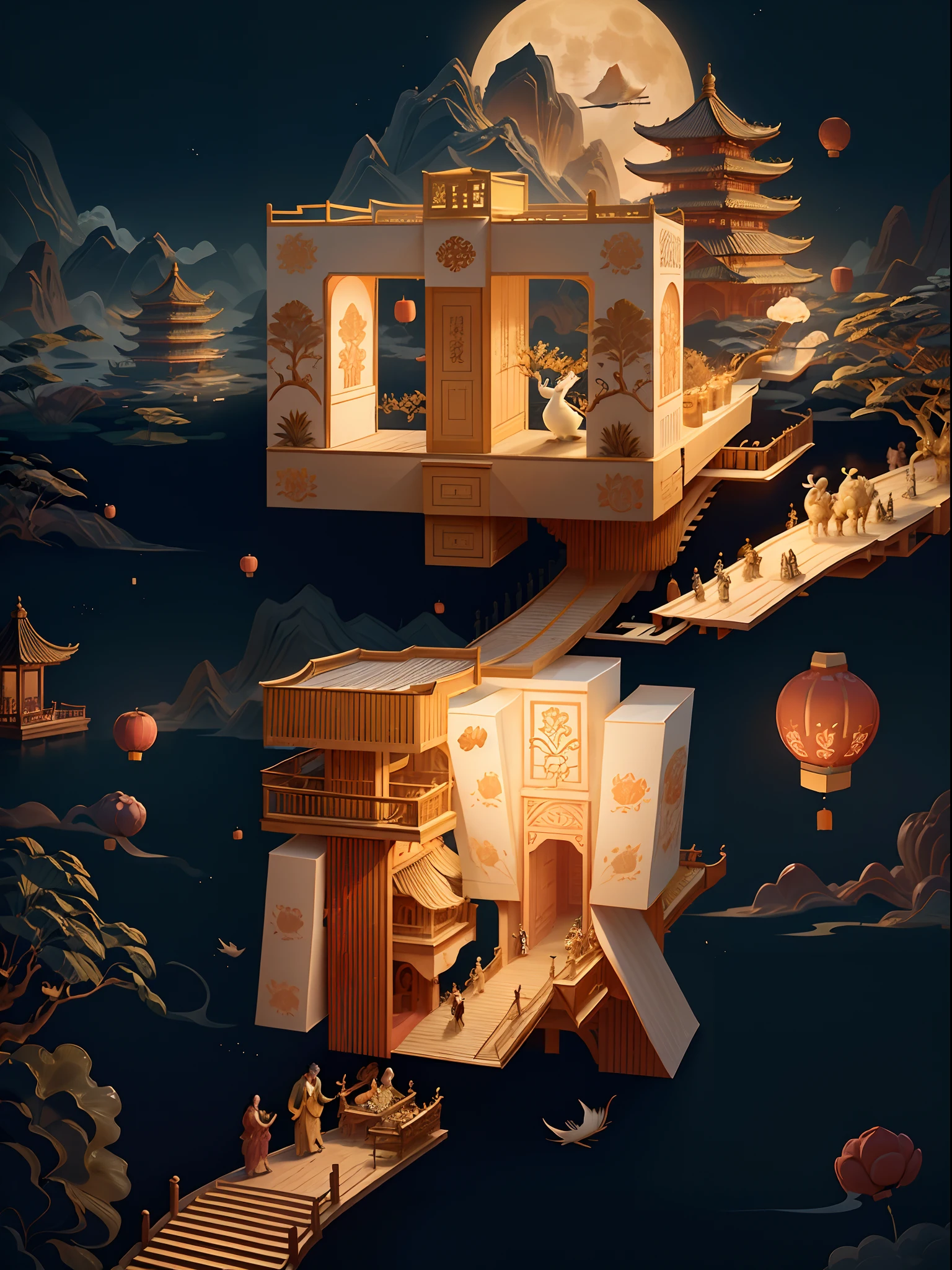 High-rise Pavilion palaces, no human, (big moon)，osmanthus trees，white Rabbit，lanterns，palaces，Cloud, Chinese style,IvoryGoldAI, masterpiece,ultra exquisite,stereoscopic,super rich,ultra detailed,32k
