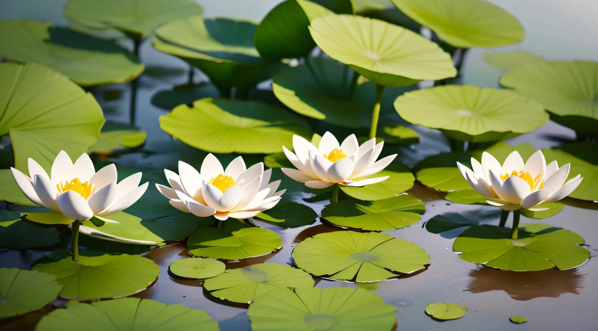 A cute summer pond in the wild,2 lotus,2.5D,isometric,minimalistic ...