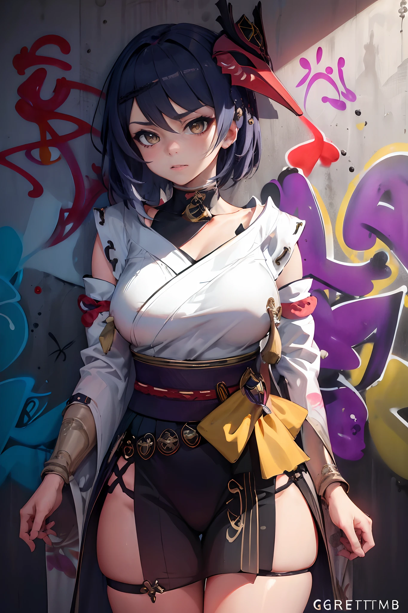 Kujou Sara Genshin Effect, masterpiece, bestquality, 1girls, oversized breasts, bara, Wearing a kimono, Miko Dresses, choker, (Graffiti:1.5), Splash with purple lightning pattern., arm behind back, against wall, View viewers from the front., Thigh strap, Head tilt, bored, water eyes,