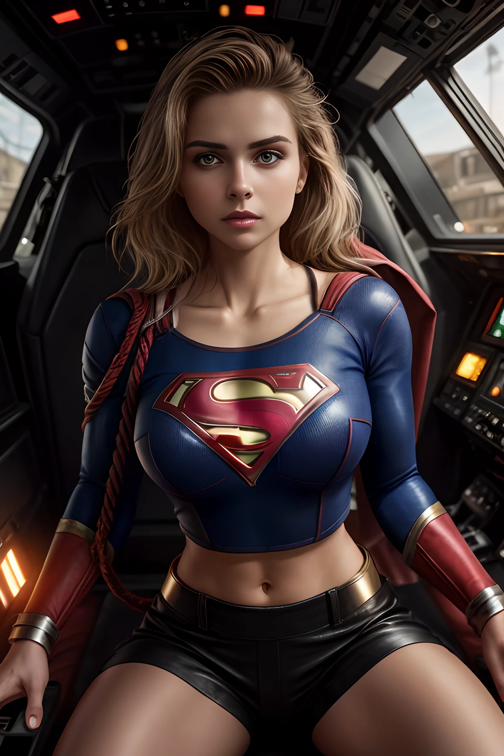 (Extremely detailed 8k wallpaper), supergirl sitting tied in a futuristic fighter jet cockpit, red and blue futuristic fighter jet cockpit, sitting in black leather pilot seat, sitting in leather seat in cockpit, futuristic fighter jet cockpit:1.3, supergirl:1.2, tied with a carbonfiber rope:1.2, confident, many switches and lights, long hair, bra, sexy top, short top:1.2, calm, modern futuristic clothing, complex, highly detailed, and dramatic, cinematic lighting, bright scene, soft lights, large breasts:1.4, nsfw:1.4, fit girl, lean girl, tight leather supergirl clothes, cleavage, spiderman logo:1.4