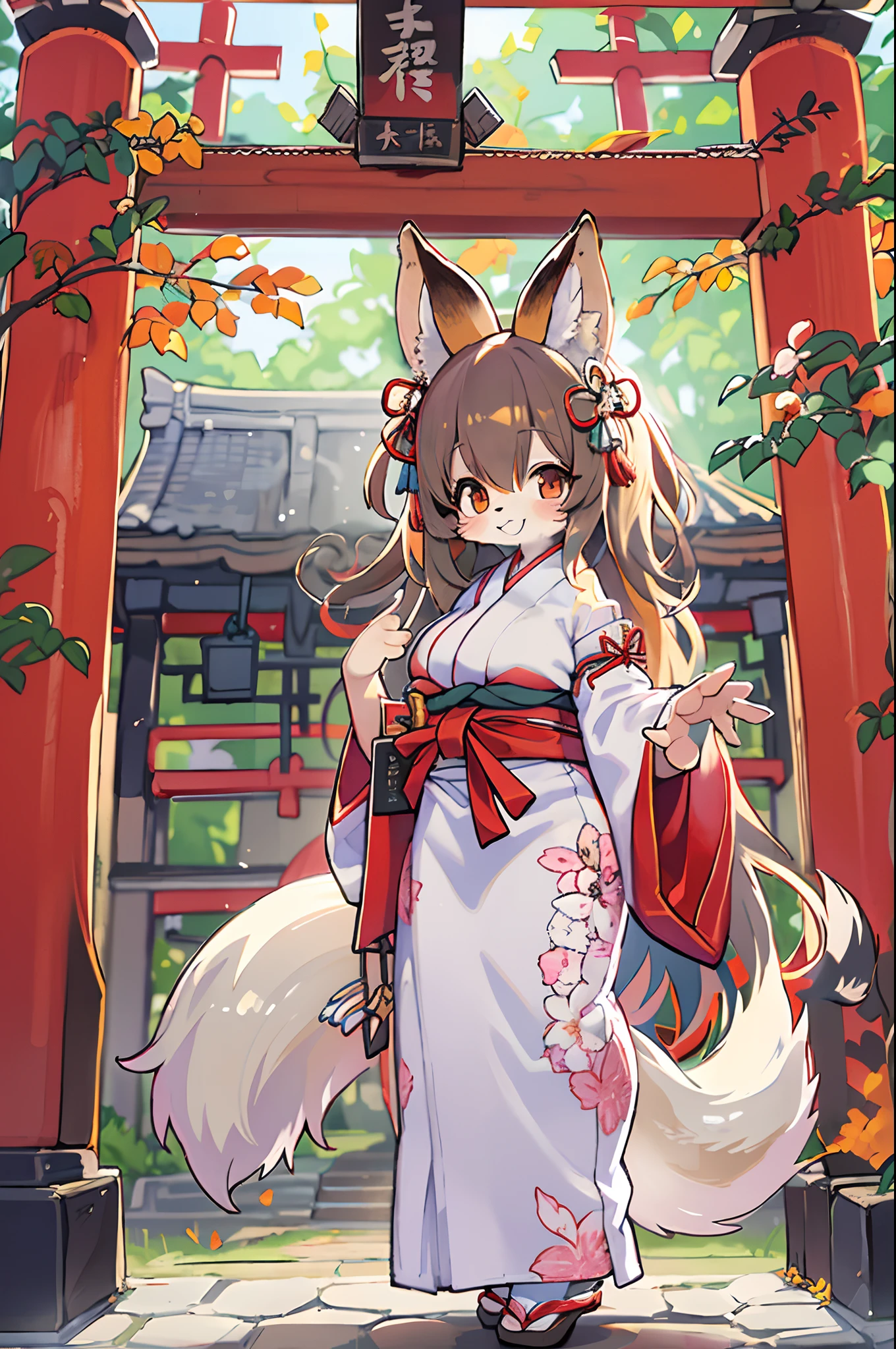Fox Woman、body covered with fur、huge-breasted、kawaii、shrine maiden、Japan white clothes,Red Hakama、torii gate,summer day、From the top、Write、A big smile、bbw、thick thight、big butts、Ultramammy,Chibi,Nanachi