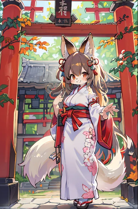 fox woman、body covered with fur、huge-breasted、kawaii、shrine maiden、japan white clothes,red hakama、torii gate,summer day、from the...